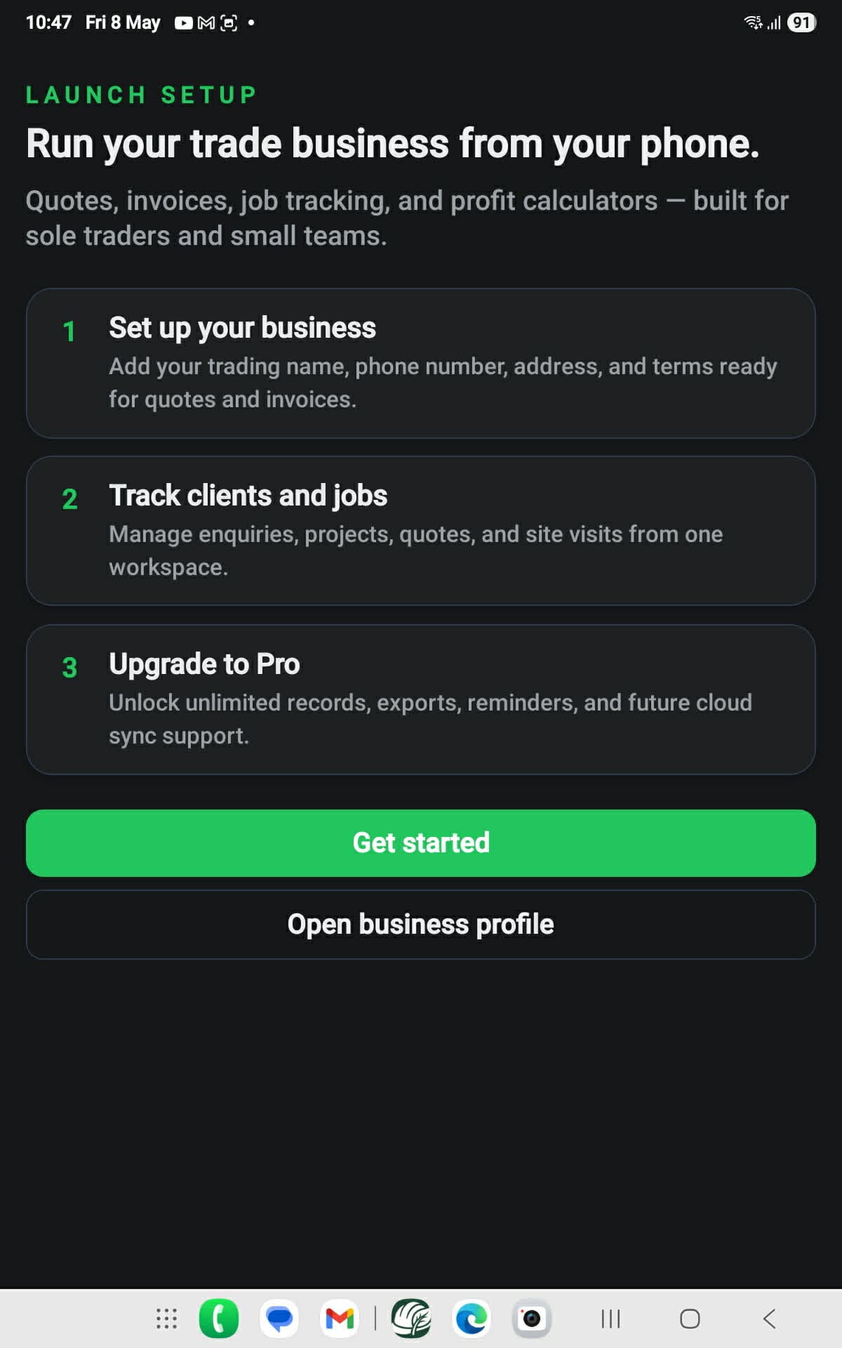 Launch setup screen