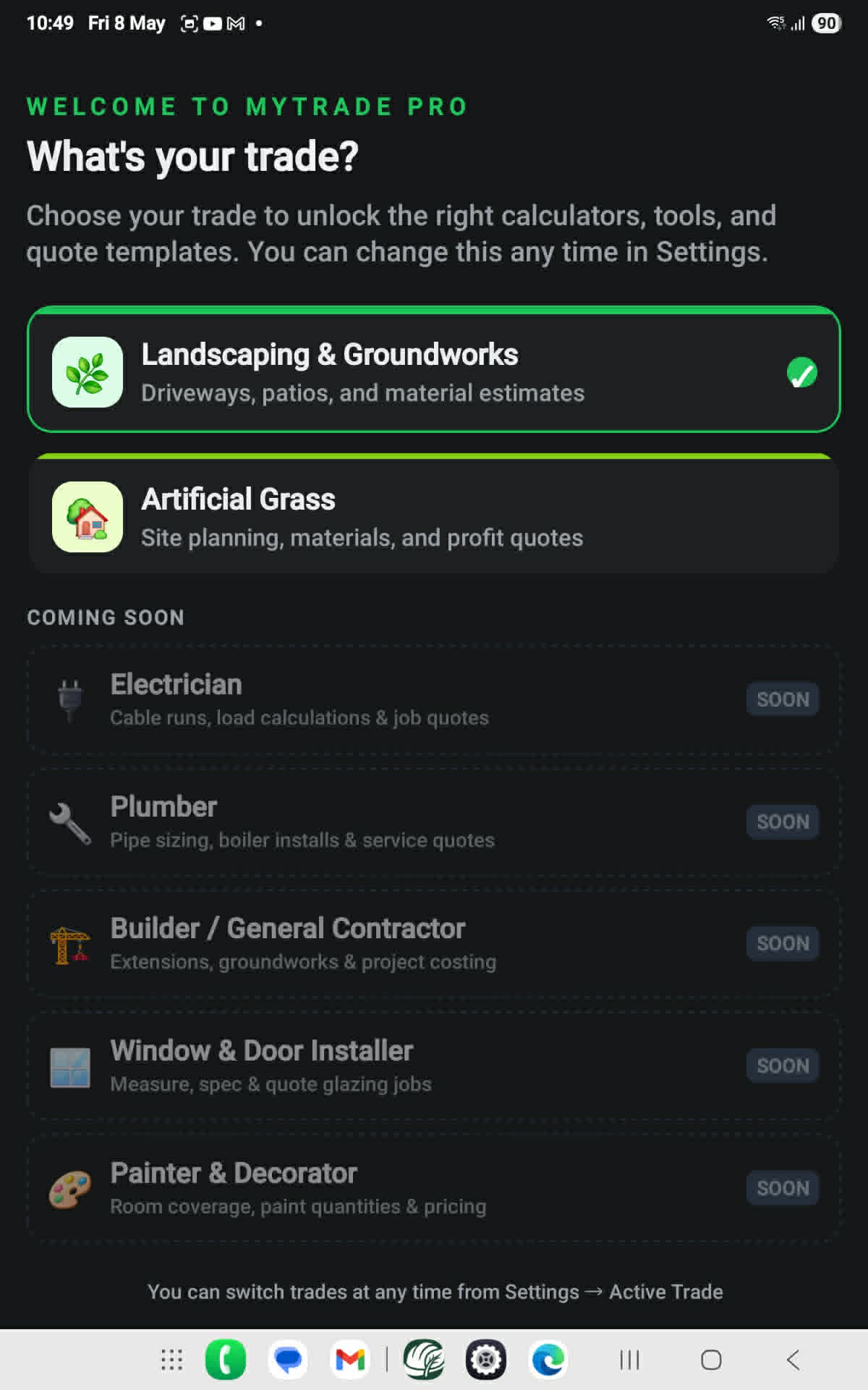 Trade selector screen