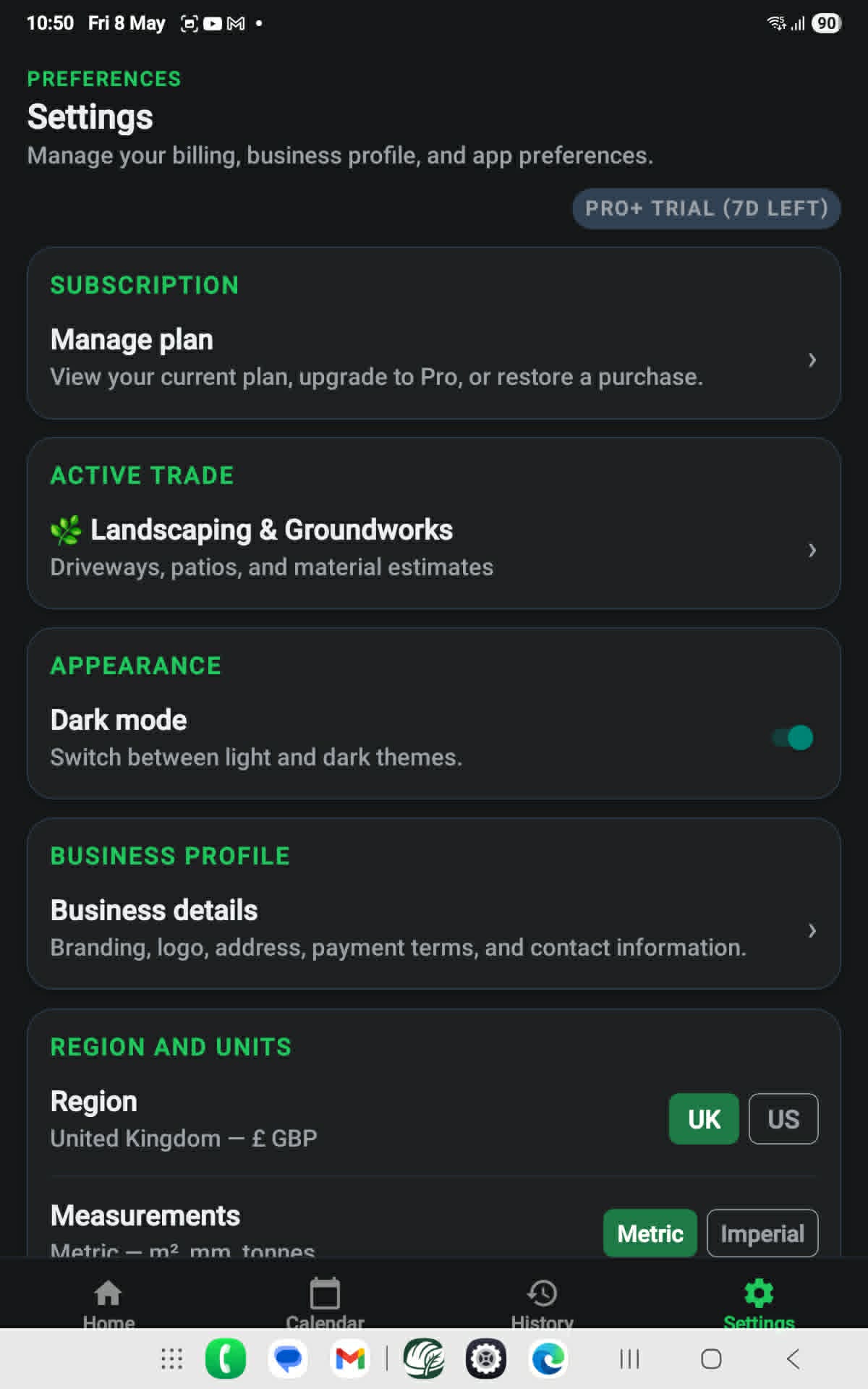 Settings screen